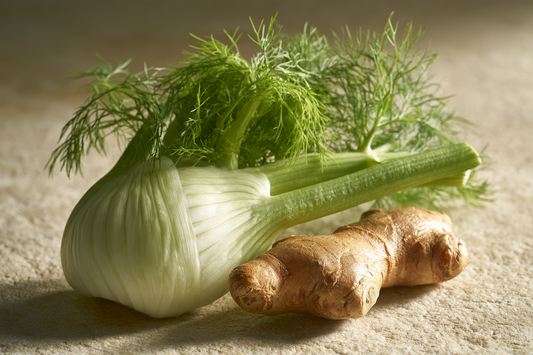 Frischer Fenchel und Ingwerwurzel nebeneinander