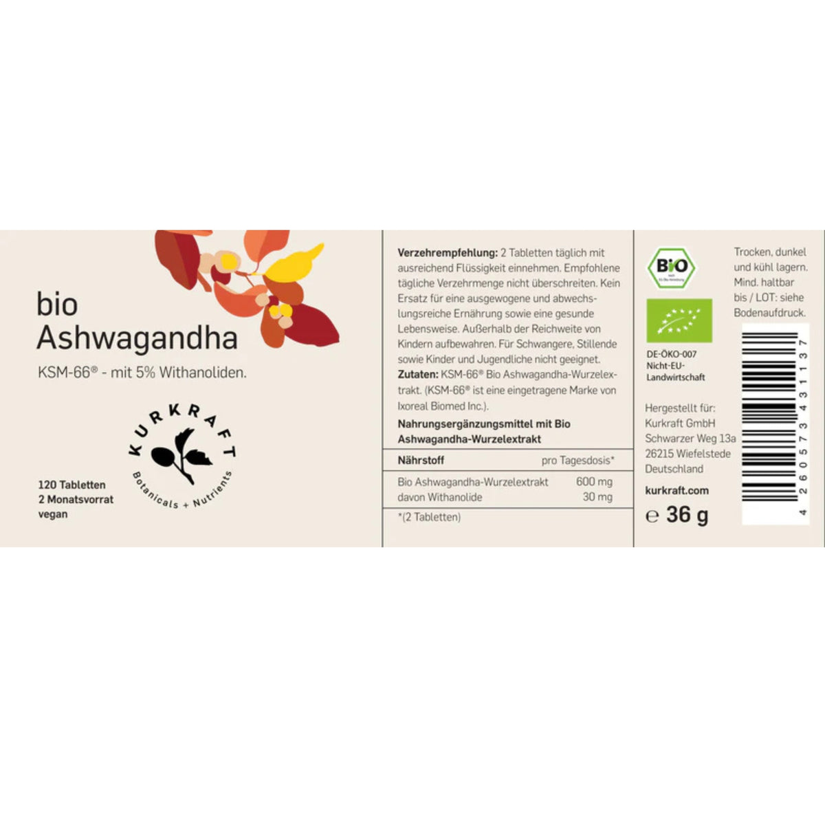 Bio Ashwagandha KSM-66 120 Tabletten