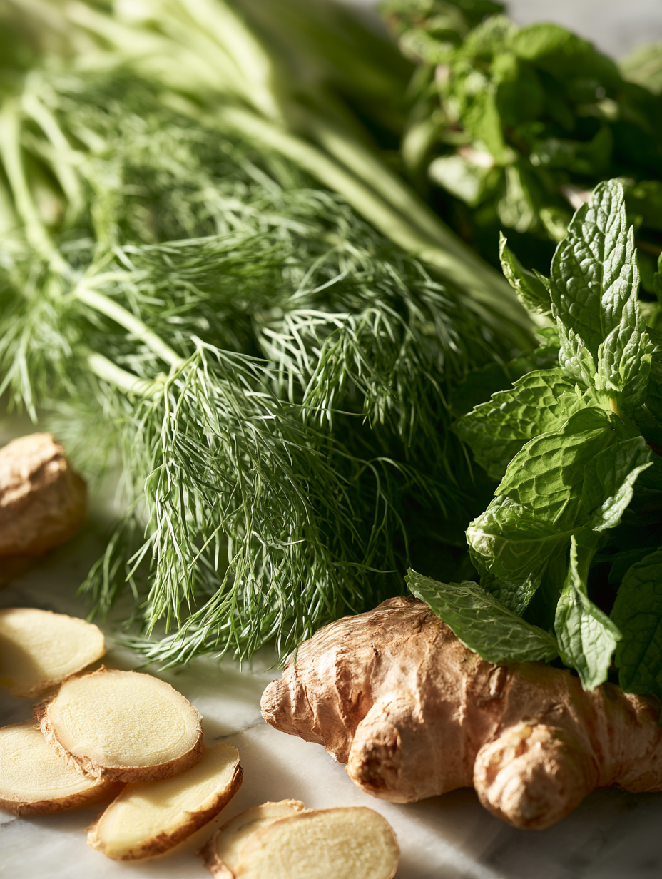 Frischer Fenchel, Minzblätter und Ingwer als Symbolbild für die 
Kategorie Verdauung